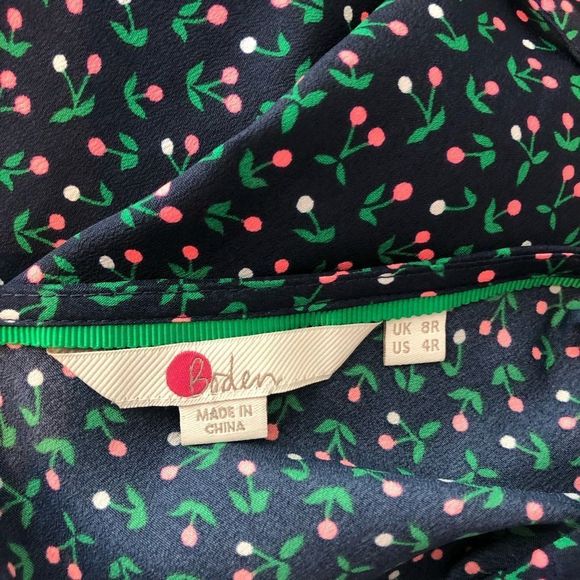 Boden Cynthia Dress Navy Cherry Picking Ruffle Trim Belted Dress size 4 - Picture 12 of 16